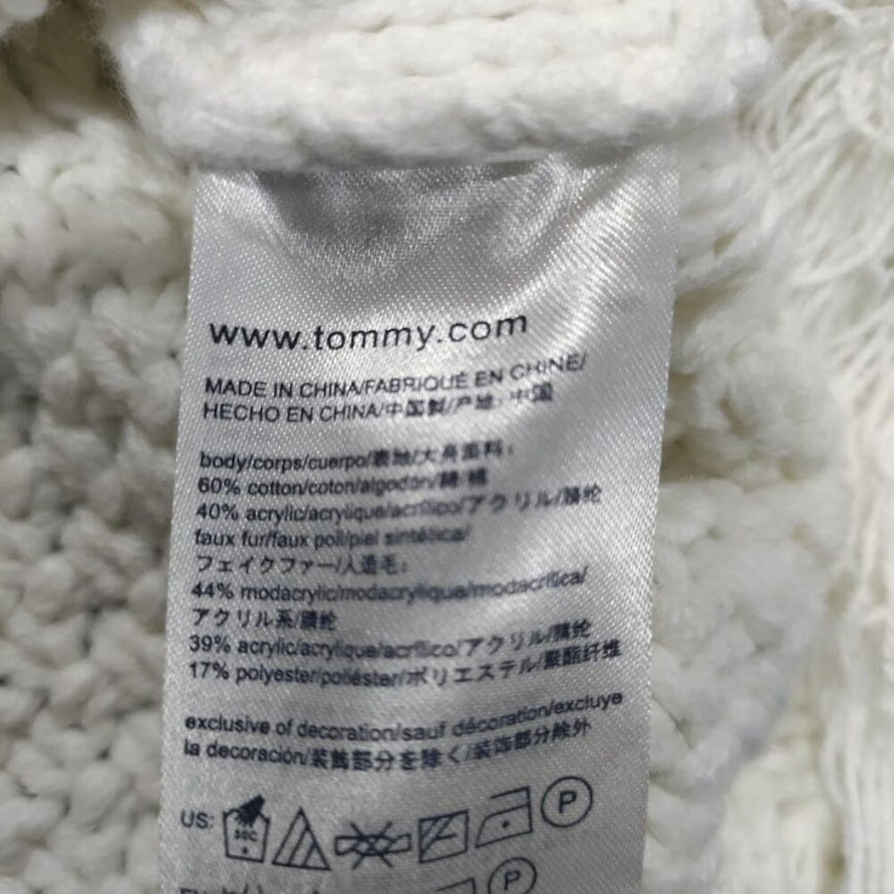 Tommy Hilfiger Cable Knit Poncho Sweater Faux Fur Trim Hooded Fringe Hem Onesize - Picture 11 of 16